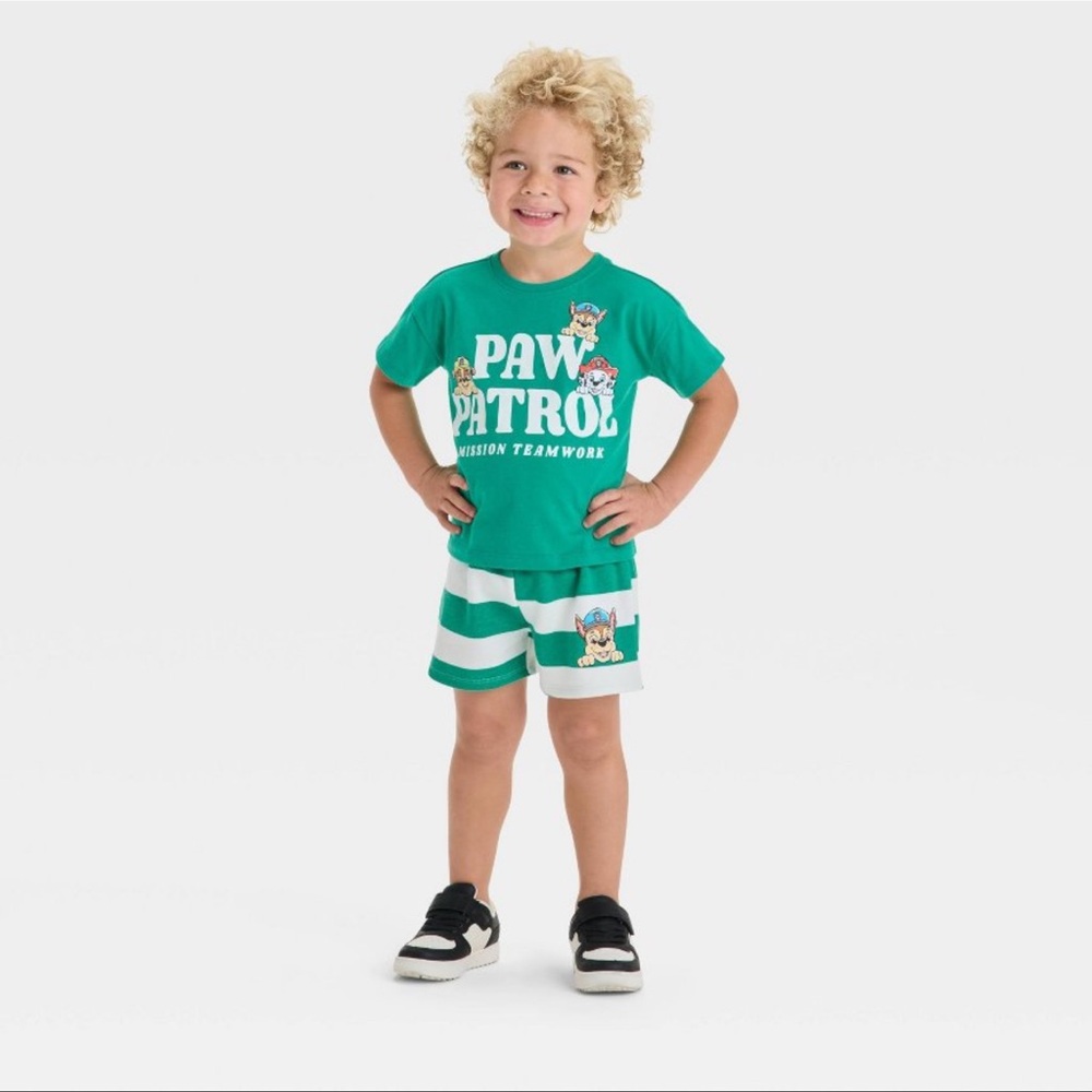 Toddler Boys 5T Paw Patrol T-Shirt & Shorts Outfit Set Green Stripes Little Kids